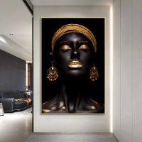 Black Gold African Woman โปสเตอร์และภาพพิมพ์-Modern Art ภาพวาดผ้าใบสำหรับตกแต่งบ้าน-ภาพผนังศิลปะสำหรับห้องนั่งเล่นห้องนอนหรือสำนักงาน-สไตล์ภาพจิตรกรรมฝาผนัง Cuadro