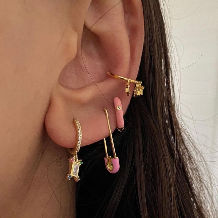 ต่างหูตัวล็อกตุ้มหูชุบทองพังก์สำหรับผู้หญิงต่างหูแบบห่วงสำหรับกลมเคลือบสีสันสดใสทันสมัยใหม่ต่างหู-tindik-telinga-cz