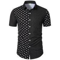 {ร้อน} สั้นสำหรับผู้ชายเสื้อ Casual Polka Dot พิมพ์สี Patchwork Turndown พอดีเพรียวคอปกชุดเข้าสังคมชายเสื้อสตรี