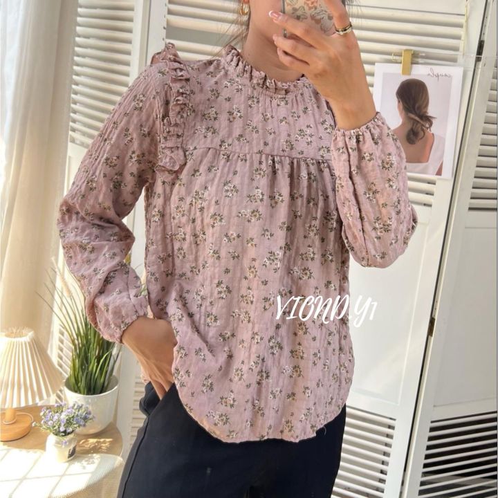 Lady Floral Blouse Shirt Top Puff Sleeve Button Retro Casual White Fashion