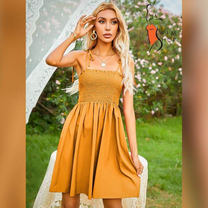 SS Melanie Smocked Dress Plain Dresses with SelfTie Strap Vintage Dress