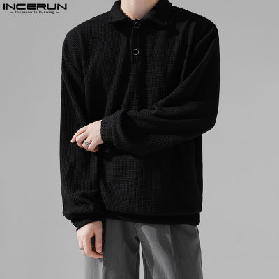INCERUN เสื้อลายตารางแขนยาวสำหรับผู้ชายเรียบง่ายลำลองแบบเรียบง่ายเสื้อปก (สไตล์เกาหลี)