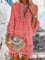 Womens Shift Dress Short Mini Dress 34 Length Sleeve Tassel Fringe Lace Cold Shoulder Summer Hot Casual Boho Vacation Dresses