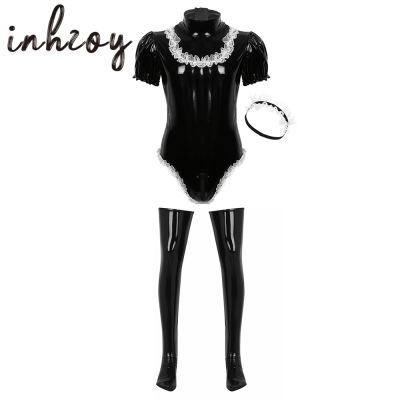 Men Crossdresser Sissy Lingerie Set Maid Cosplay Gay Erotic Costume Nightclub Leather Sexy Bodysuits And Lace Headband Stockings