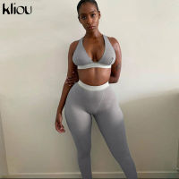 Kliou fitness sporty women tracksuit sleeveless v-enck tank stretchy leggings ribbed bra two piece set solid streetwear outfits