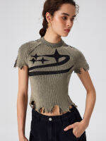 Cider Round Neckline Graphic Star Ripped Knitted Short Sleeve Top