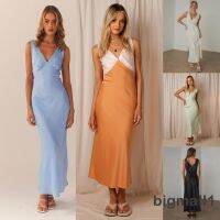 ☈ BIGMALL-Women V-neck Sleevelsss Satain Long Dress