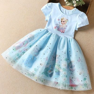 Girls Dress Cartoon 2023 Summer Frozen Fashion Childrens Elsa Princess Baby Girl Toddler Short Sleeve Cute Party Dresses 3-9Y