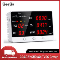 SeeSii เครื่องหน้าจอที่มีคุณภาพอากาศ5-In-1,เครื่องตรวจจับเซ็นเซอร์ CO2ที่แม่นยำสูงเครื่องตรวจจับเครื่องวัดก๊าซคาร์บอนไดออกไซด์อเนกประสงค์คุณภาพอากาศสำหรับ CO2ฟอร์มาลดีไฮด์ (HCHO) TVOC/AQI สำหรับสำนักงานบ้านในร่ม