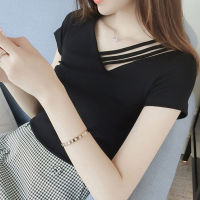 Cotton Tshirt Women Short Sleeve V Neck T Shirt Fashion Slim Short Sleeve Tee Summer Korean Tops