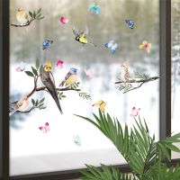 Spring Summer Tree Branch Bird Stickers Window Cling Butterfly Decals Glass Door Decoration Home Fridge Kids Room No Glue Vinyl Wall Stickers  Decals