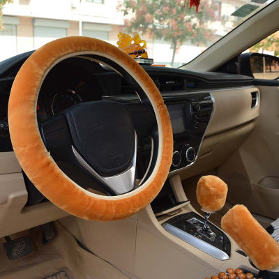 3Pcs Soft Plush Spring Steering Wheel Cover Kit With Stop Lever+Hand ke Wool Cover Winter Warm Auto Car Interior Accessory