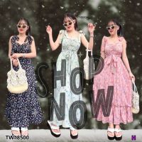 TW18500 Maxxi Dress สายผูกไหล่ 2 ข้าง ลายดอกไม้ มีสายผุกเอว