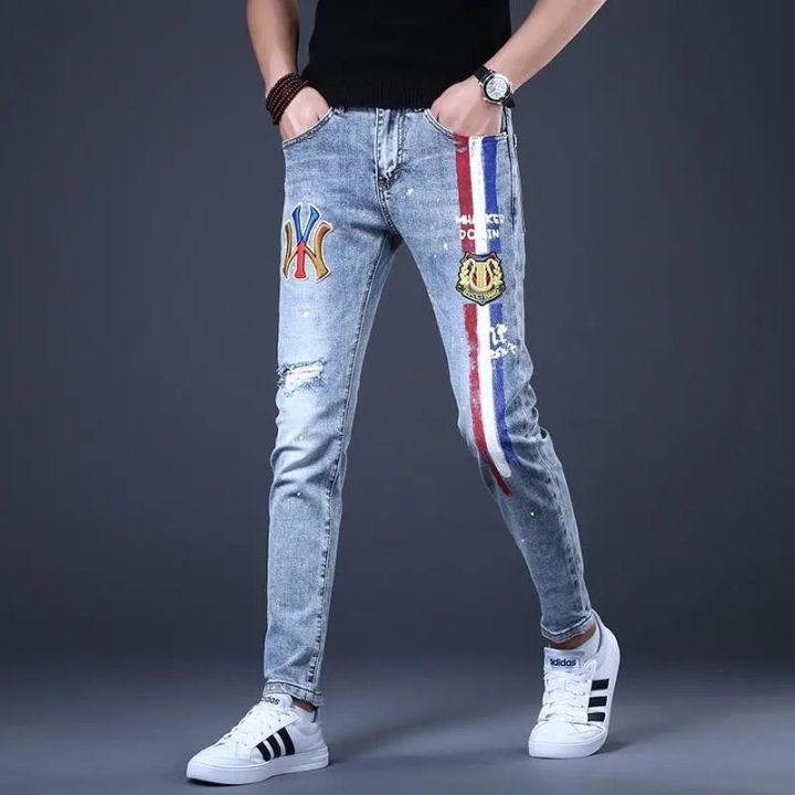 คุณภาพสูงผู้ชายกางเกงยีนส์ฉีก-สีคลาสสิกพิมพ์กางเกงยีนส์สีฟ้า-กางเกงยีนส์ลำลองรุ่นสลิมฟิตเกาหลี-กางเกงยีนส์ถนนผู้ชาย