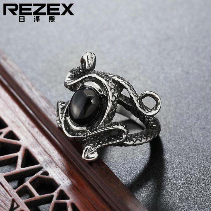 rezex-เครื่องประดับส่วนบุคคลพังค์ย้อนยุคอัญมณีงูเหล็กไททาเนียมสุภาพบุรุษแหวนผู้หญิง