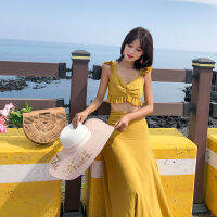 LV ชุดสูทชายหาดโบฮีเมียนย้อนยุคชุดสายเดี่ยวสองชิ้นบางเปิดสะดือสำหรับฤดูร้อน