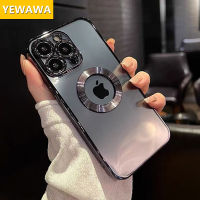 YEWAWA เคสกลวงโลโก้แบบมีรูชุบหรูหราสำหรับ iPhone 14 13 11 12 Pro XR X XS Max 7 8 Plus ฝาครอบโปร่งใสกันกระแทกนิ่มสำหรับ SE3