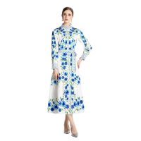 Women Dress Spot Real  Elegant Long Sleeve  Vintage Printed Maxi Dress