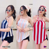 B17368 เสื้อสายคล้องคอทรง 3 เหลี่ยม + ผ้าโพกหัว ลายริ้ว Triangular neck strap shirt + striped turban