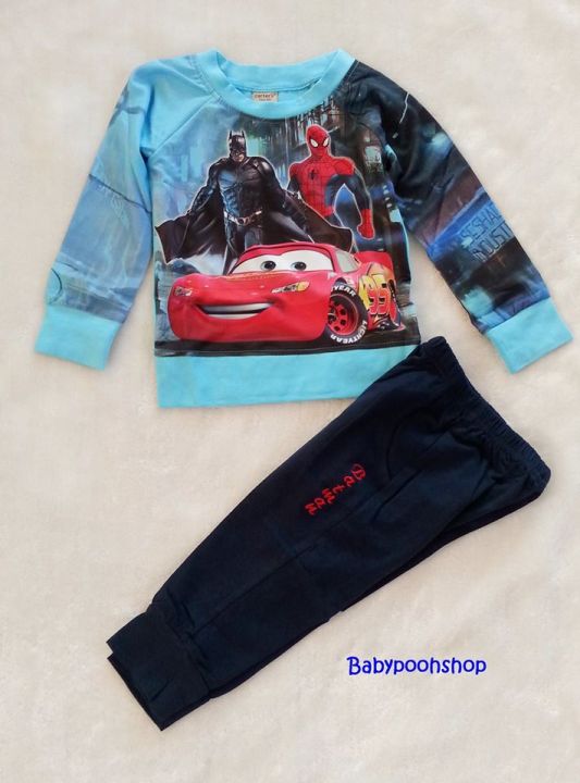 Carters : set เสื้อแขนยาวลาย Batman &amp; Spiderman สีฟ้า+กางเกงขายาวสีกรม ตัวเสื้อผ้าออกมันๆ ไม่หนาค่ะ Size : 3y