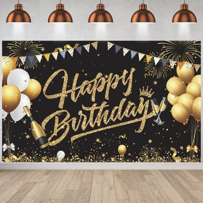 Birthday Backdrop Banner Black Gold Backdrop Sign Happy Birthday Party Decoration Set for Girls Men Women Celebration