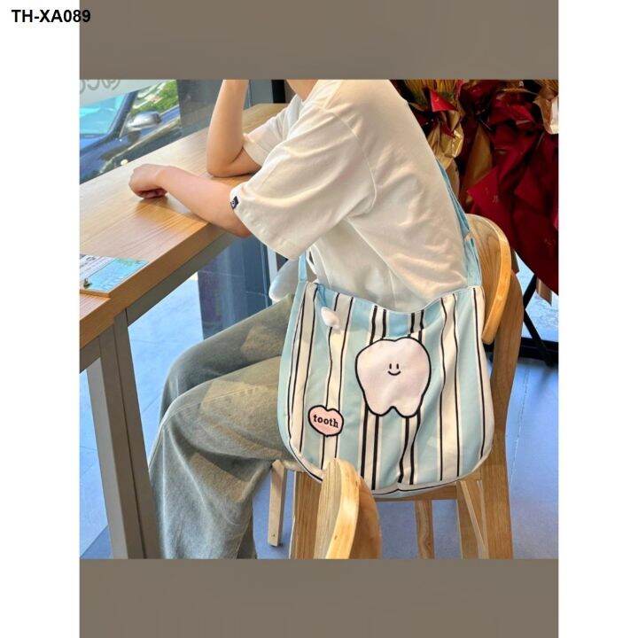 blue-stripe-tooth-bag-2023-ใหม่moriกระเป๋าmessengerกระเป๋าสะพายไหล่ความจุขนาดใหญ่สบายๆกระเป๋าโท้ทขนาดเล็กสด