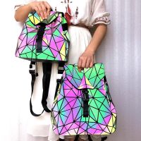 Fashion Womens backpack Brand luminous female backpack Student fold drawstring school bag Holographic geometric rucksack