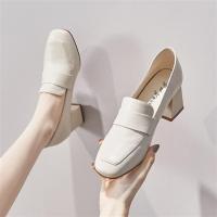 Elegant Girl   Womens Chunky Heel Spring Shoes2021New Square-Toe High-Heeled Shoes British Style Small Leather Shoes All-match Loafers