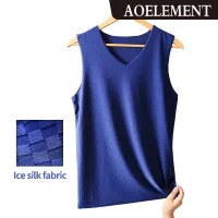 AOELEMENT เสื้อยืดผู้ชายผ้าไหมน้ำแข็งที่ไร้รอยต่อในช่วงฤดูร้อนของผู้ชายบางคอวีเสื้อยืดเยาวชนกีฬาแขนกุด 190