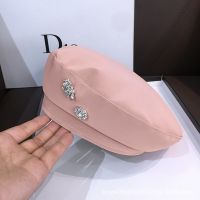 New Women Pure Color French Artist Wild British PU Leather Beret Design Rhinestone Fashion Retro Painter Ladies Hat Gorros