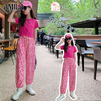 AMILA Girls middle and older childrens casual suit new short-sleeved leopard pants Korean version of childrens two-piece set