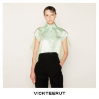 VICKTEERUT (ราคาปกติ 6,550-.) Capped Sleeve Cropped Shirt with Silk  Backเสื้อตัวสั้น ปกเชิ้ต แขนเต่อ ตัดต่อไหมชีฟอง DRY CLEAN ONLY