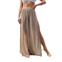 FN946N Women s Beach Pants Double Sided High Slit Snowflake Fur Ball Embellished High Waist Abdominal Cover Up Pants