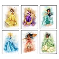 ☊ Disney Nordic Princess Canvas Art ภาพวาดสีน้ำ Wall Art โปสเตอร์และภาพพิมพ์สำหรับห้องนั่งเล่น Cuadros ตกแต่งบ้าน