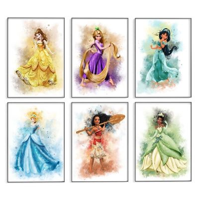 ✠◊ Disney Nordic Princess Canvas Art ภาพวาดสีน้ำ Wall Art โปสเตอร์และภาพพิมพ์สำหรับห้องนั่งเล่น Cuadros ตกแต่งบ้าน