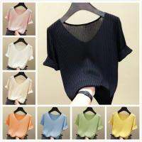 8 Colors Size Short Sleeve Silk Knitted T-Shirts V-Neck