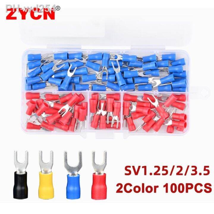 100pcs-box-sv-furcate-crimp-connector-pressed-terminals-sv2-4-5-6-1-25-3-4-color-pre-insulating-cable-wire-fork-spade-awg-22-10