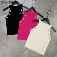 2023ฤดูร้อนหรูหราปุ่มทองถักด้านบน Mujer เกาหลีแฟชั่นเสื้อผ้าเสื้อถัก Chaleco Mujer...