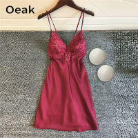 Oeak S-3XL ฤดูร้อนผู้หญิงเซ็กซี่ชุดนอนลูกไม้สลิง V คอชุดนอนผ้าไหมลูกไม้สีทึบชุดนอน