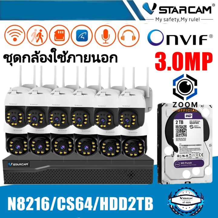 ชุดกล้องวงจรปิด-vstarcam-กล้องภายนอก-กล่องnvr-n8216-พร้อมกล้องcs64-ความละเอียด3ล้านพิกเซล-และhdd-ชุดกล้อง12ตัว