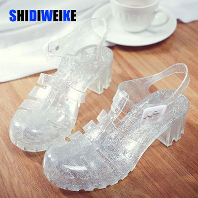 2021 Summer Women Jelly Shoes Women Sandals Square High Heels Transparent Platform Sandal Lady Bling Silver Jelly Shoes Sandals