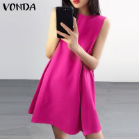 VONDA ชุดเดรสแขนกุดคอกลมสำหรับผู้หญิง,สีพื้นทรงหลวมสำหรับใส่ในวันหยุดฤดูร้อน (แบบเกาหลี)