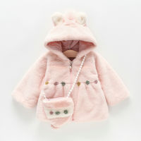 Baby Girl Winter Clothes Faux Fur Coat Bear Ears Flowers Decoration Thick Plus Velvet Warm Hooded Jacket With Pearl Lanyard Bag