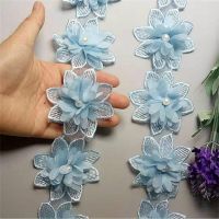 10X Sky Blue Soluble Rose Flower Pearl Chiffon Embroidered Lace Trim Ribbon Fabric Sewing Craft Patchwork Handmade Decoration Fabric  Material