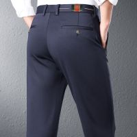 กางเกงขายาวผ้ายืดสำหรับผู้ชาย,กางเกงแฟชั่นกางเกงลำลองธุรกิจบาง Celana Setelan สีดำสีน้ำเงินกางเกงแบรนด์
