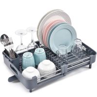 Adjustable Dish Drying Rack,Expandable Dish Rack,Foldable Stainless Steel Dish Drainers With Removable Cutlery Holder&amp;Drainboard