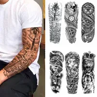 【YF】 Full Arm Temporary Tattoo Eye Clock Lion Skull Gear Manipulator Solider Warrior Man Body Art Waterproof Sticker Women Totem