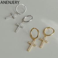 ANENJERY 925 Sterling Silver Zircon Cross Pendant Hoop Earrings For Women temperament Cool Hip Hop Jewelry