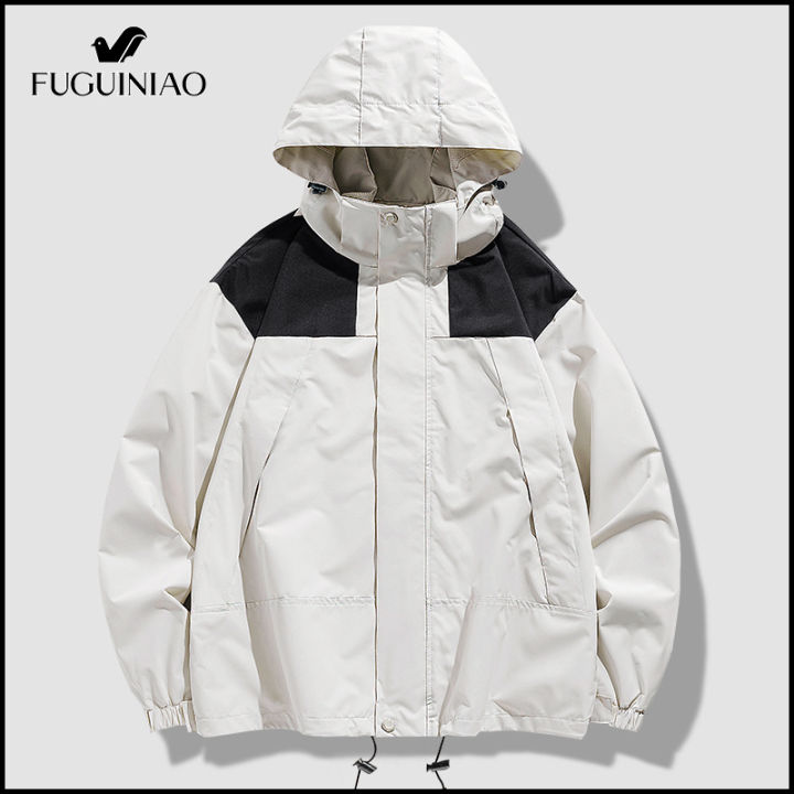 fuguiniao-เสื้อแจ็คเก็ตคู่สีเดินป่ากลางแจ้งของผู้ชายชุดปีนเขาถอดออกได้