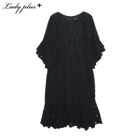 Lady Plus เดรสลูกไม้แขนระบายชายกระโปรงระบาย | Ruffle Lace Dress ชุดเดรส ออกงาน สีดำ